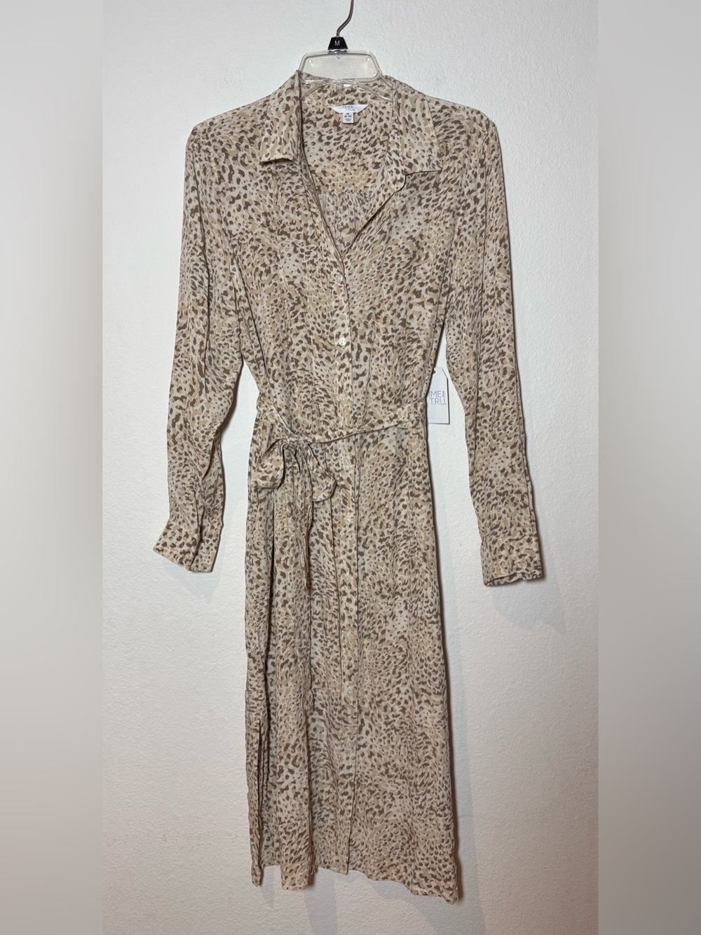 Button-Front Leopard Print Shirt Dress in Beige